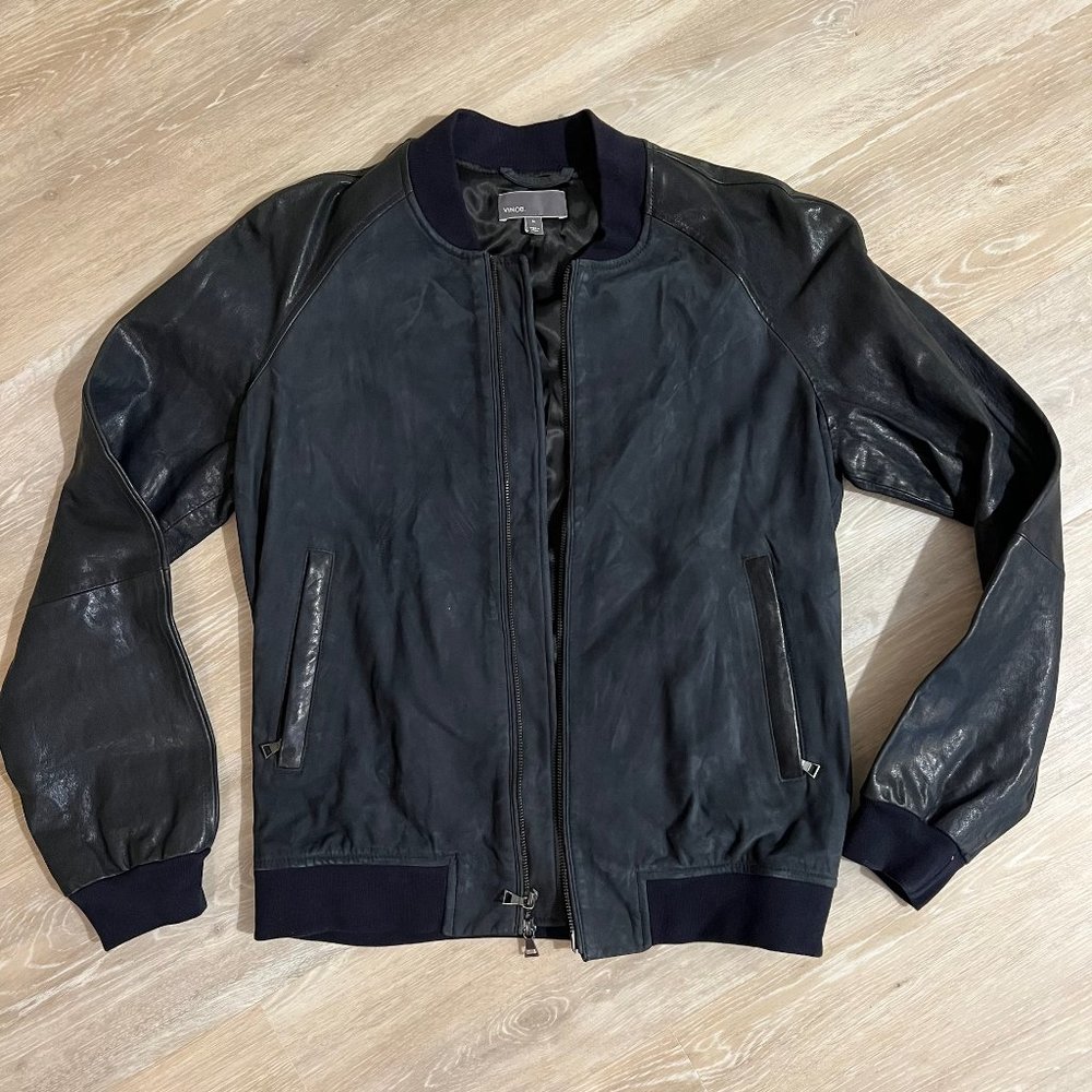 New Mens Vince Navy Suede & Leather Bomber Jacket